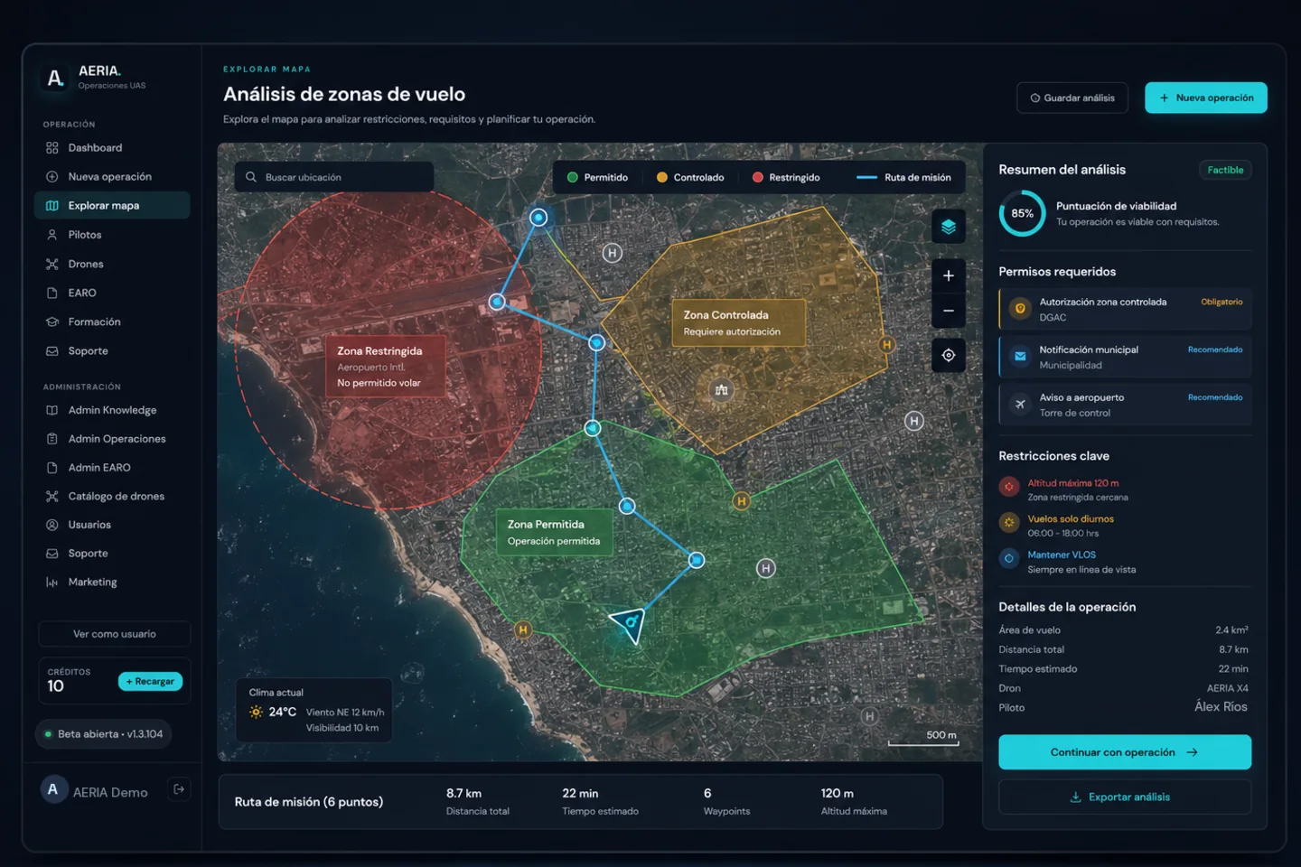 Interfaz de AERIA mostrando el análisis de una zona de vuelo: zonas permitida, controlada y restringida sobre el mapa, con el listado de permisos requeridos y las restricciones clave.