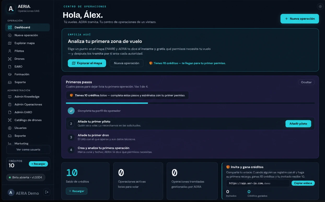 Panel de operaciones de AERIA con el estado de los trámites de una operación.
