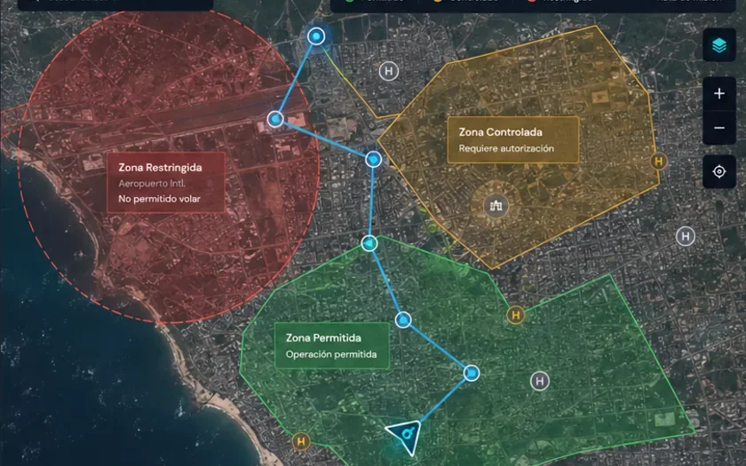 Detalle del mapa de AERIA con la zona permitida, la controlada y la restringida delimitadas sobre el terreno.